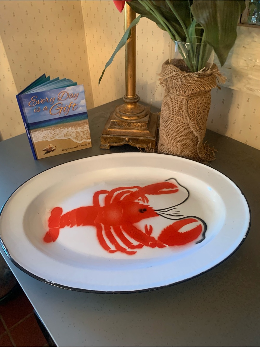 Vintage, Enamelware lobster serving platter, WHITE enamel finish, BLACK rim.